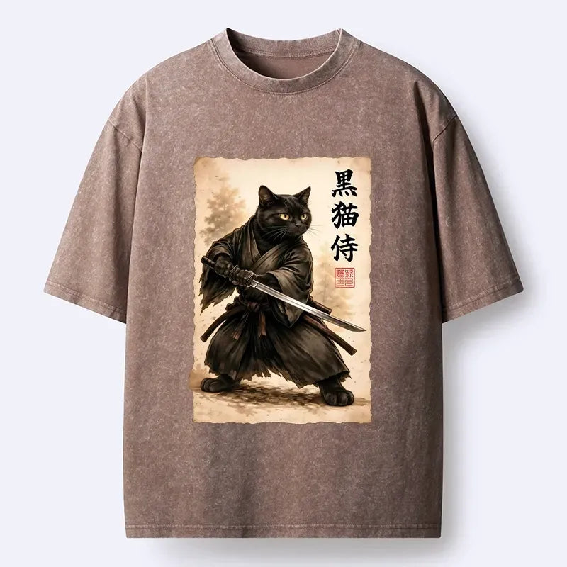 Kyoto-Lion Black Cat Samurai Warrior Art Washed T-Shirt