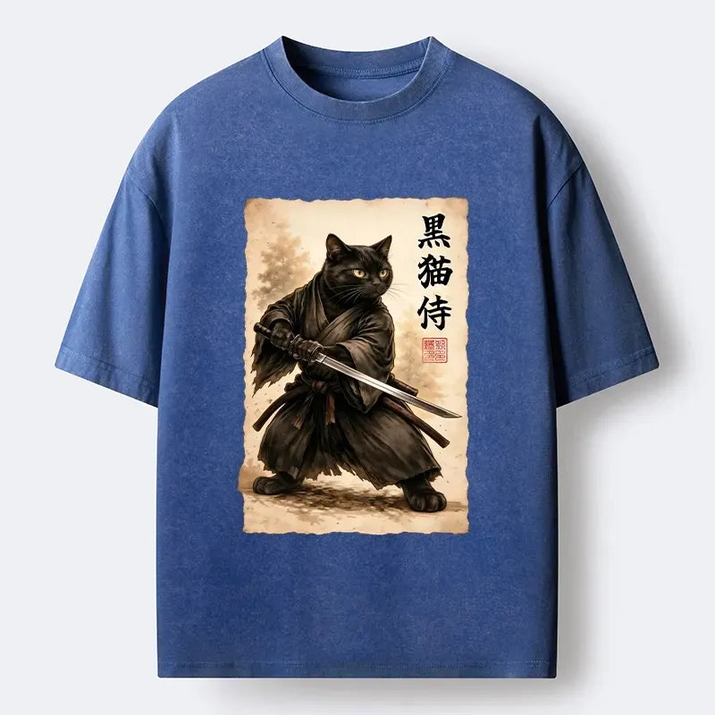 Kyoto-Lion Black Cat Samurai Warrior Art Washed T-Shirt