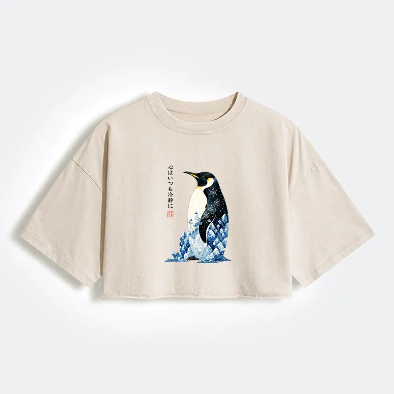 Kyoto-Lion Keep Calm Penguin Women's Washed Crop T-Shirt