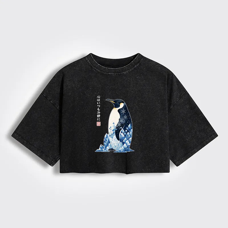 Kyoto-Lion Keep Calm Penguin Women's Washed Crop T-Shirt
