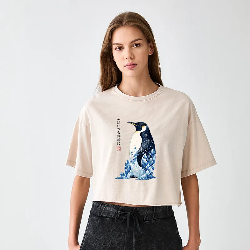 Kyoto-Lion Keep Calm Penguin Women's Washed Crop T-Shirt