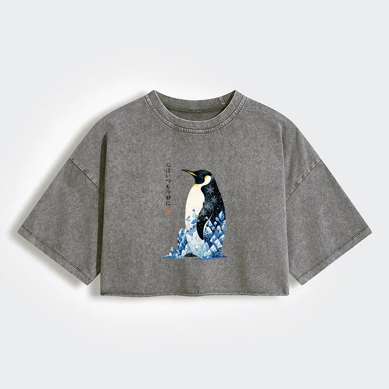 Kyoto-Lion Keep Calm Penguin Women's Washed Crop T-Shirt