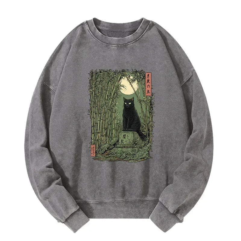 Kyoto-Lion Black Cat In The Bamboo Forest Washed Sweatshirt