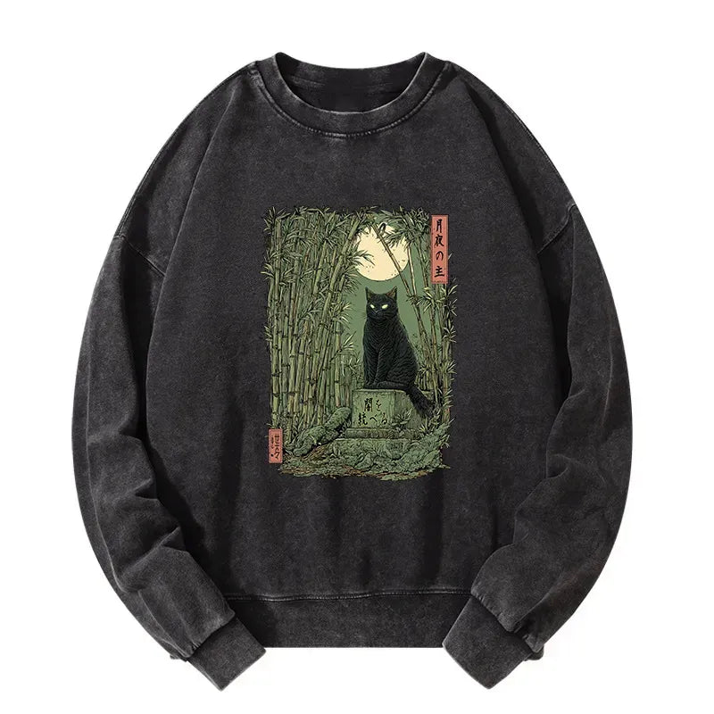 Kyoto-Lion Black Cat In The Bamboo Forest Washed Sweatshirt