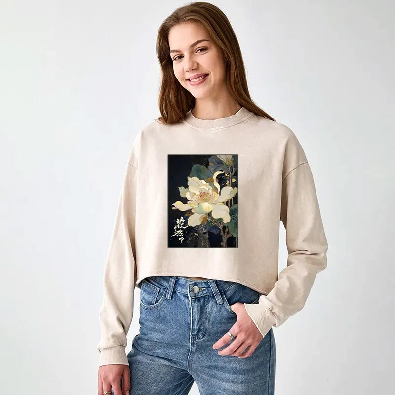 japanese lotus crop sweatshirt for women