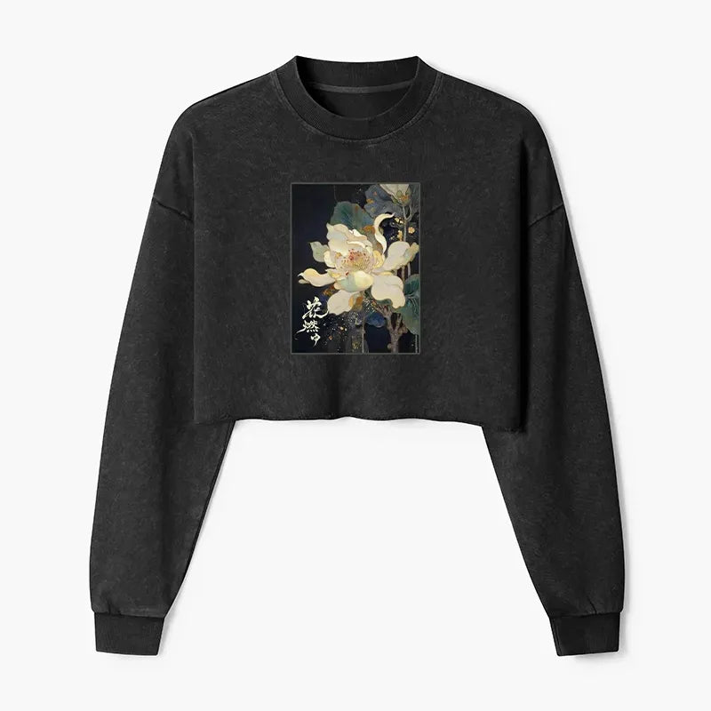 Kyoto-Lion Lotus Adorned With Golden Specks Washed Crop Sweatshirt