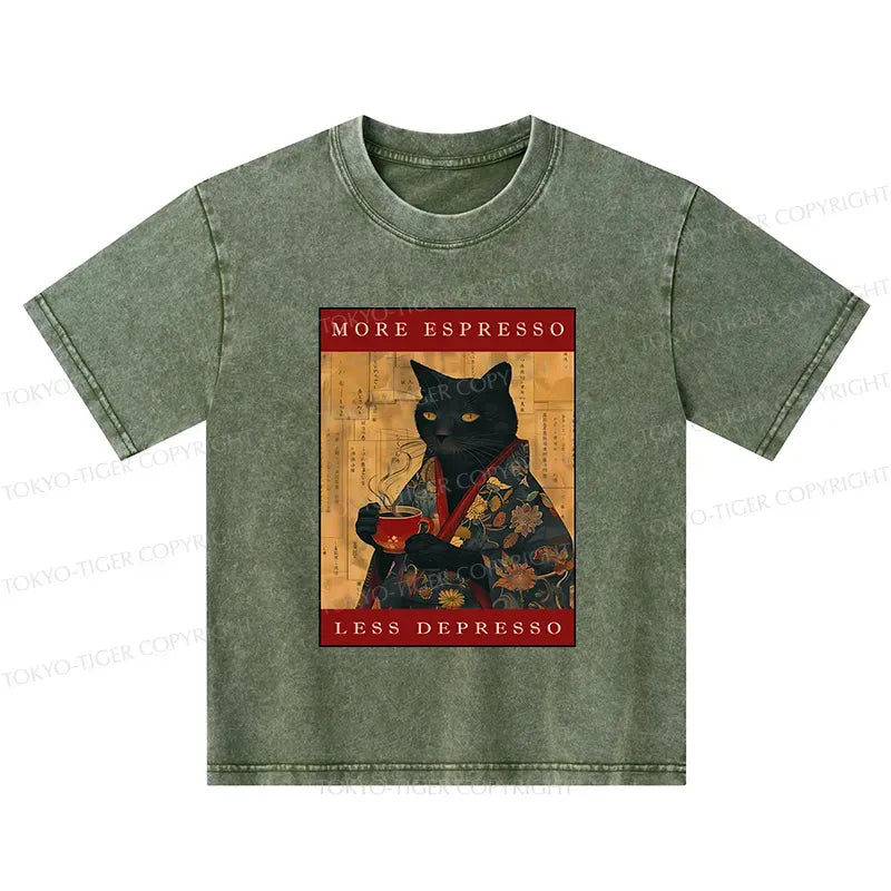 Kyoto-Lion More Espresso Less Depresso Cat Kids Washed T-Shirt