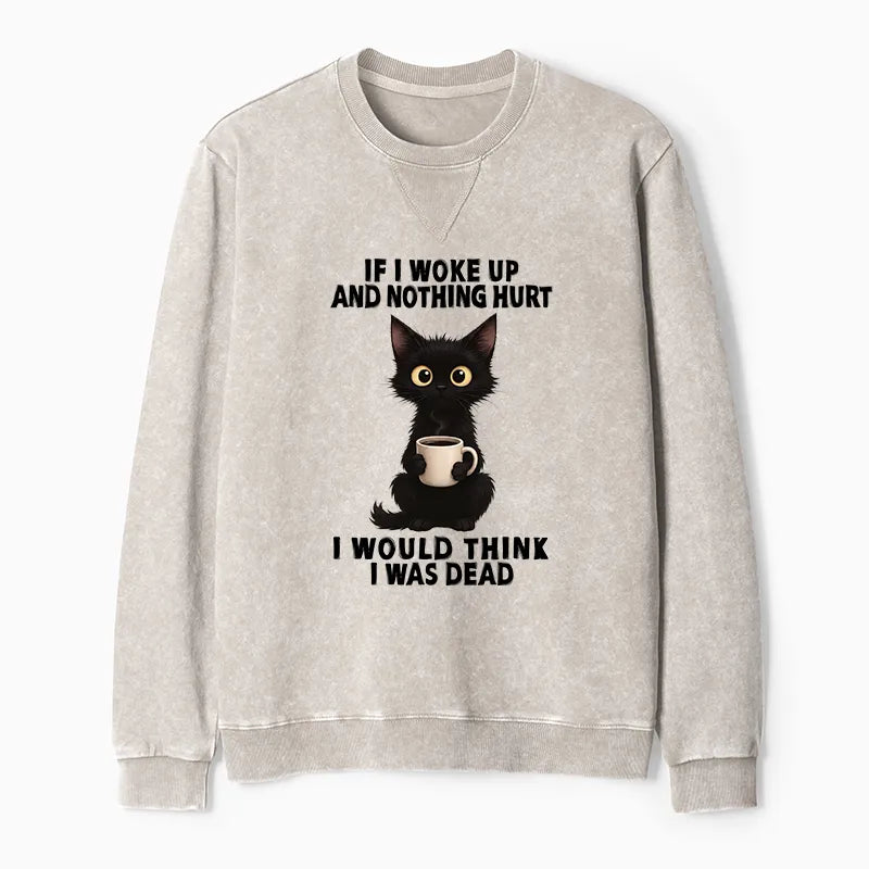 Kyoto-Lion Funny Cute Black Cat And Coffee Meme Washed Terry Sweatshirt