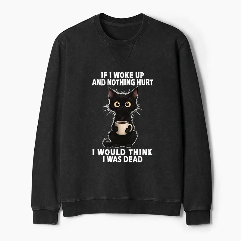 Kyoto-Lion Funny Cute Black Cat And Coffee Meme Washed Terry Sweatshirt