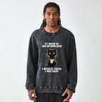 Kyoto-Lion Funny Cute Black Cat And Coffee Meme Washed Terry Sweatshirt