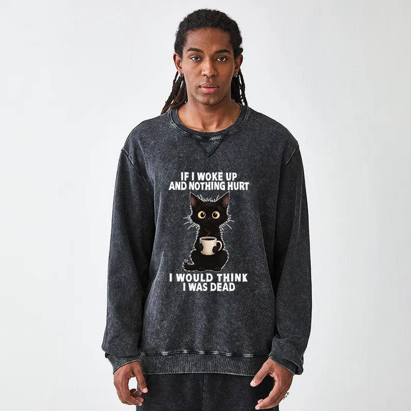 Kyoto-Lion Funny Cute Black Cat And Coffee Meme Washed Terry Sweatshirt