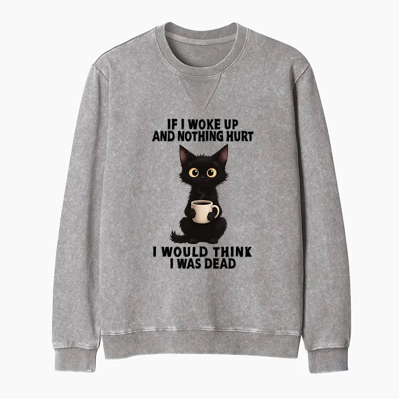 Kyoto-Lion Funny Cute Black Cat And Coffee Meme Washed Terry Sweatshirt