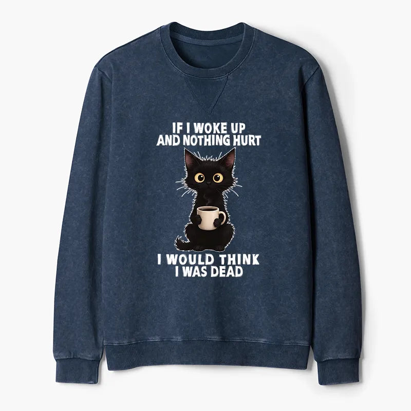 Kyoto-Lion Funny Cute Black Cat And Coffee Meme Washed Terry Sweatshirt