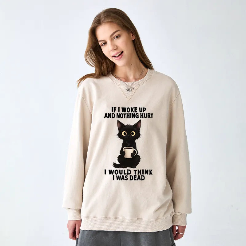 Kyoto-Lion Funny Cute Black Cat And Coffee Meme Washed Terry Sweatshirt