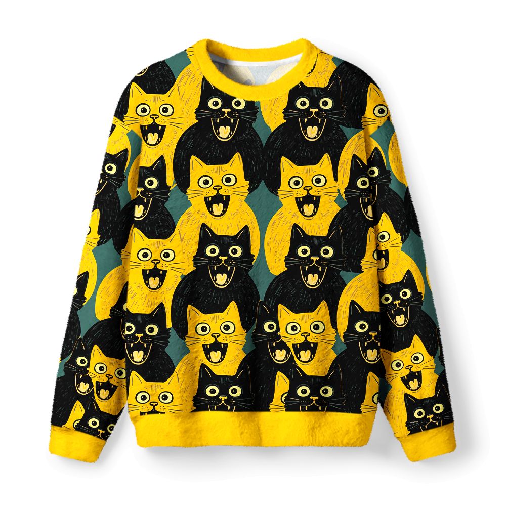 Kyoto-Lion Yellow Cat And Black Cat Fuzzy Christmas Ugly Sweatshirt