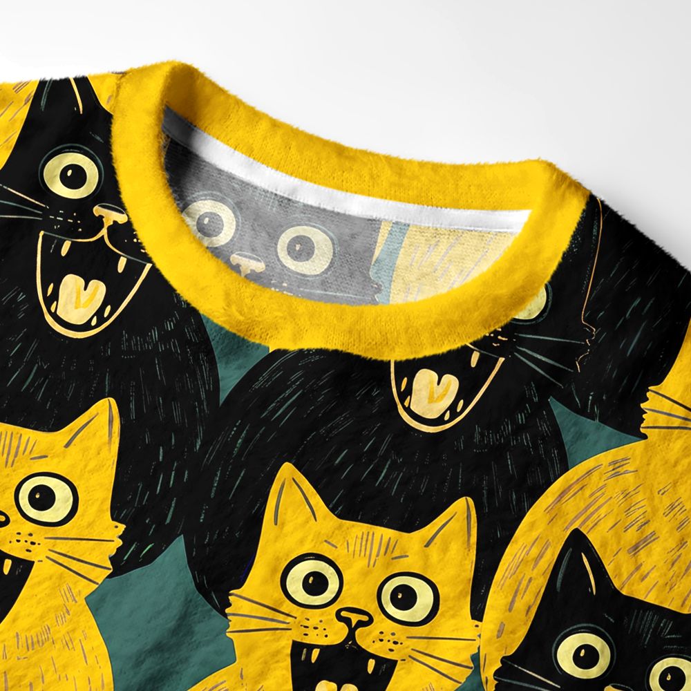 Kyoto-Lion Yellow Cat And Black Cat Fuzzy Christmas Ugly Sweatshirt