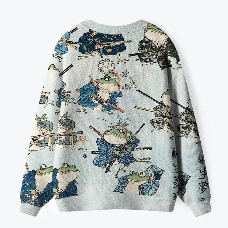 Kyoto-Lion Frog Samurai Ugly Cardigan Sweater