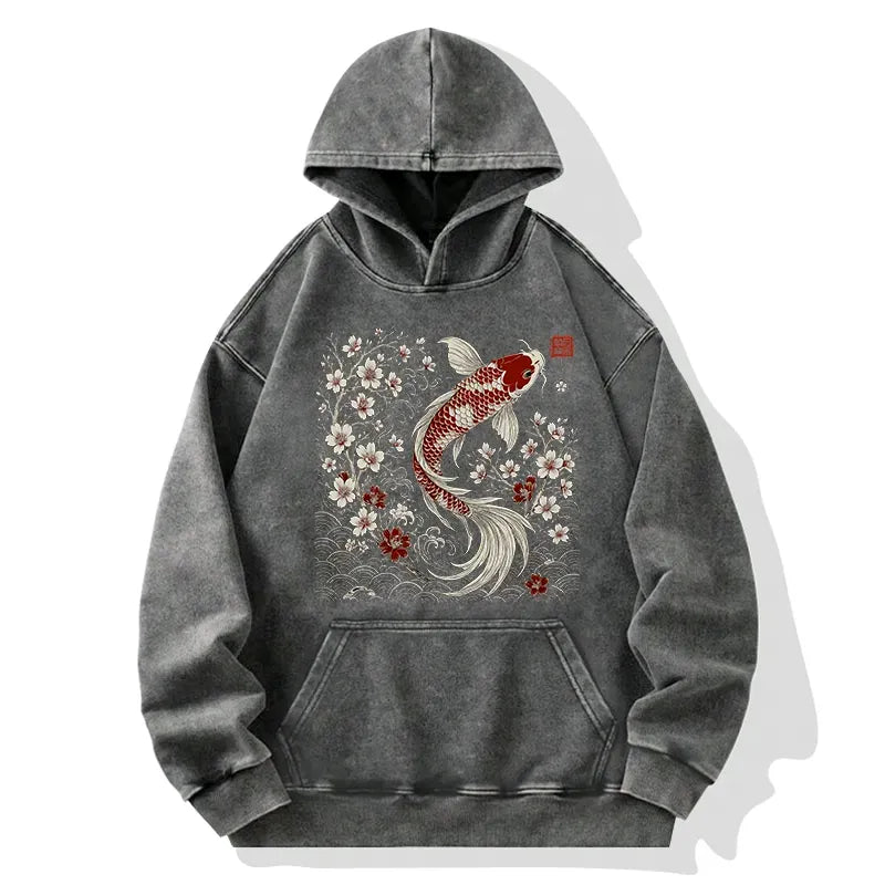 unisex washed hoodie with sakura and koi