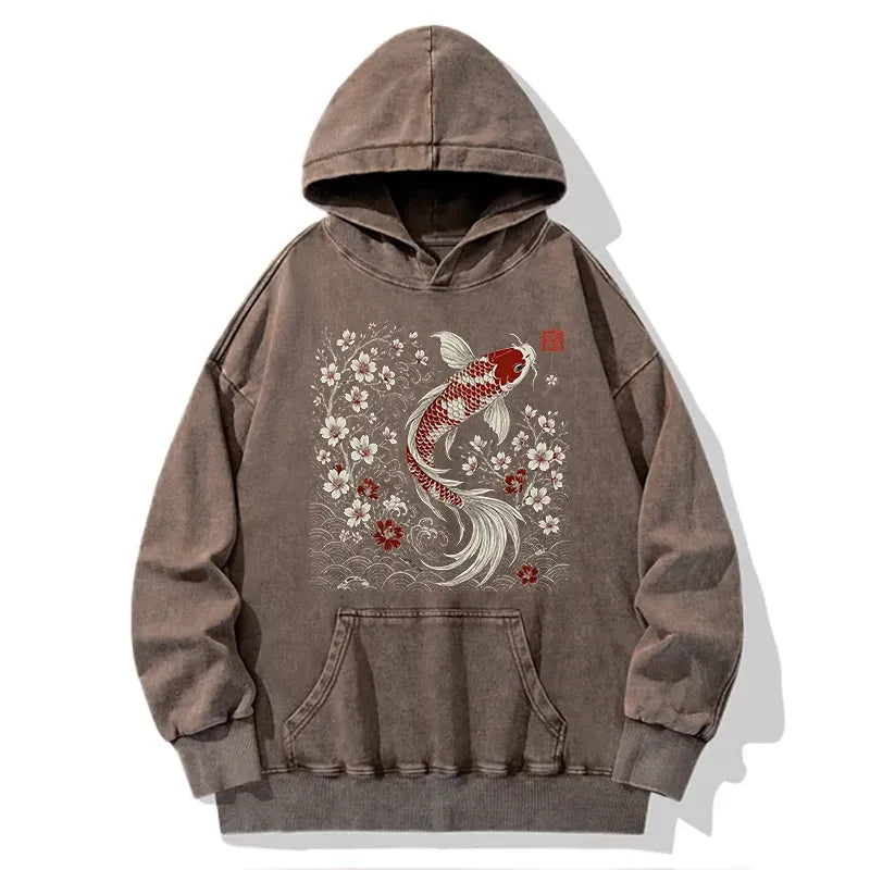 Kyoto-Lion Vintage Sakura And Koi Washed Hoodie