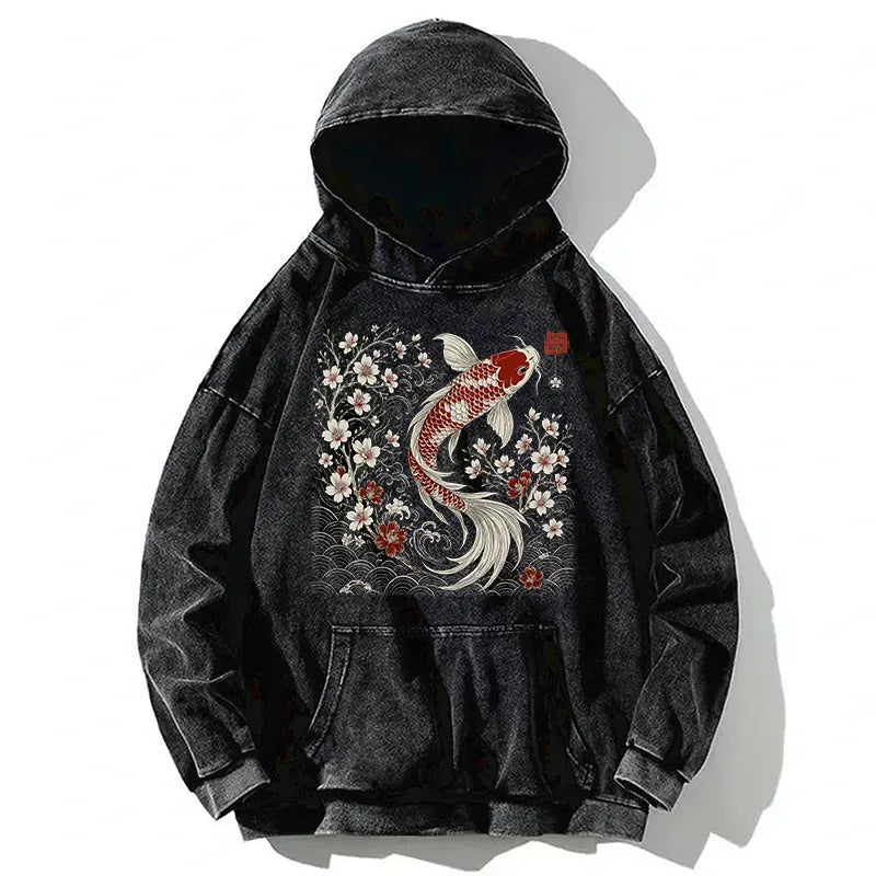unisex washed hoodie with sakura and koi