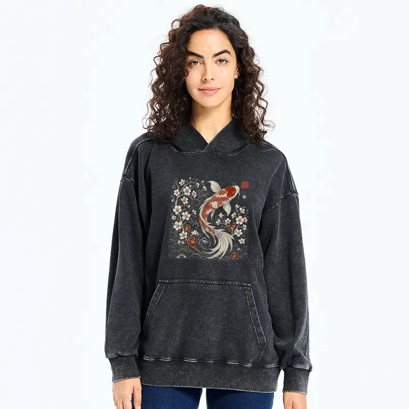 unisex washed hoodie with sakura and koi
