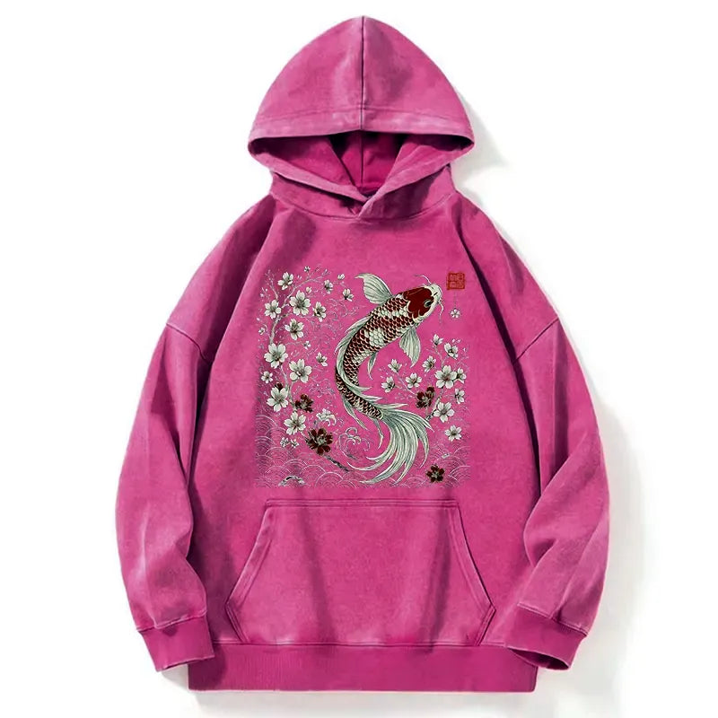 Kyoto-Lion Vintage Sakura And Koi Washed Hoodie