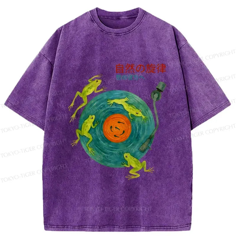 Kyoto-Lion Frog Art Record Washed T-Shirt