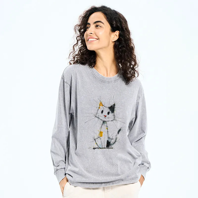 Kyoto-Lion Minimal Splash Ink Cute Cat Washed Long Sleeve T-Shirt