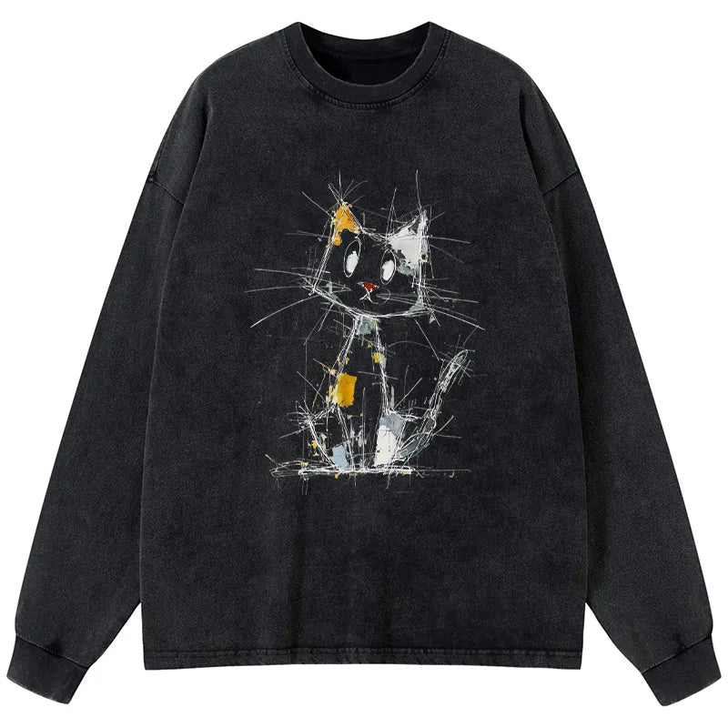Kyoto-Lion Minimal Splash Ink Cute Cat Washed Long Sleeve T-Shirt