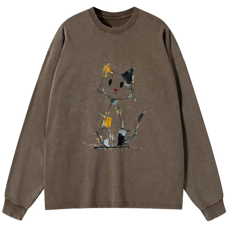 Kyoto-Lion Minimal Splash Ink Cute Cat Washed Long Sleeve T-Shirt