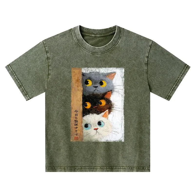 Kyoto-Lion Three Cute Cats Watch You Kids Washed T-Shirt