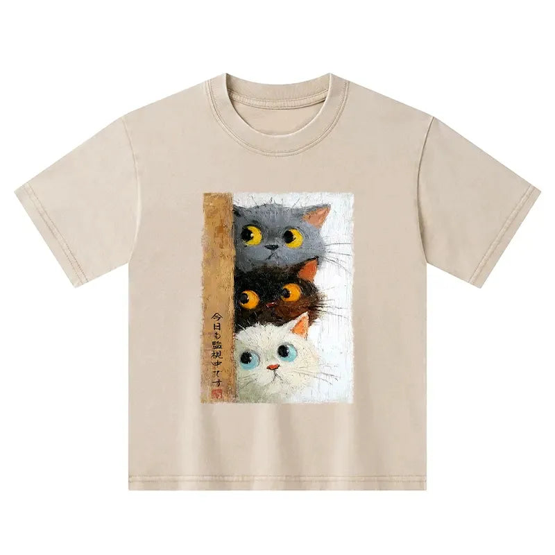 Kyoto-Lion Three Cute Cats Watch You Kids Washed T-Shirt