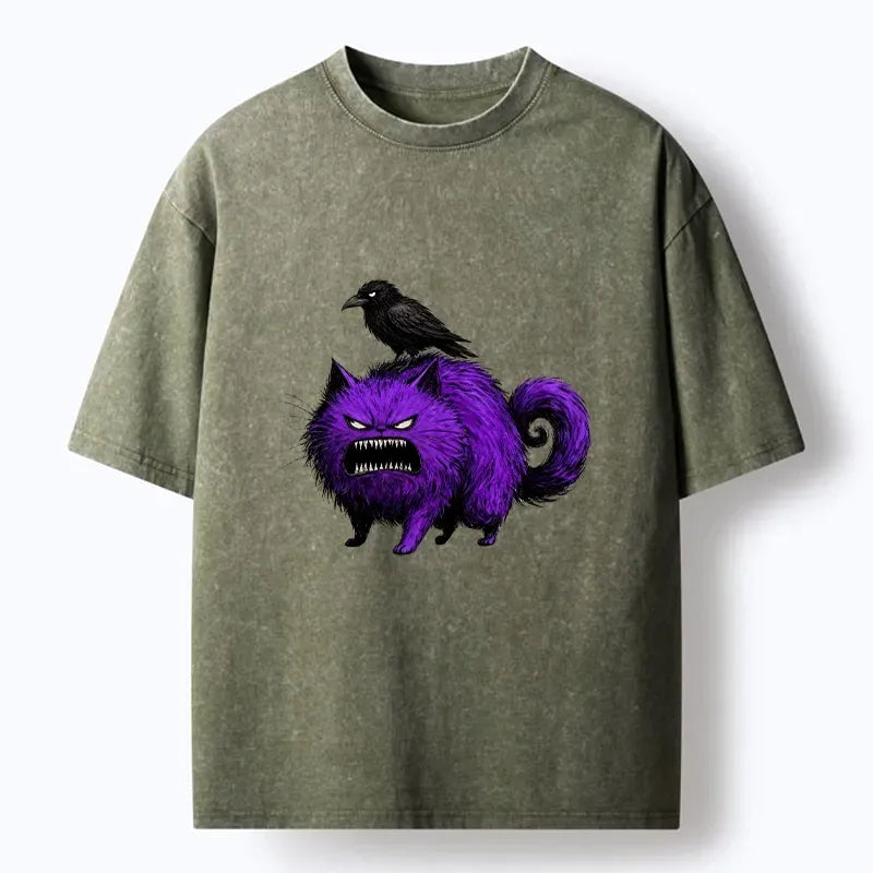Kyoto-Lion Spooky Purple Cat Ready To Attack Washed T-Shirt