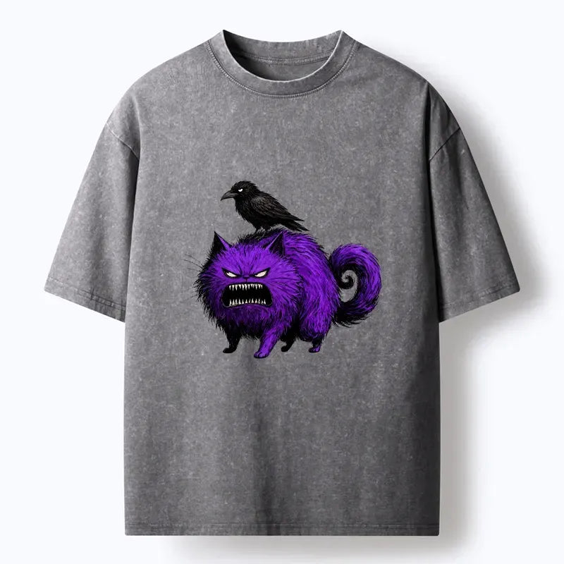 Kyoto-Lion Spooky Purple Cat Ready To Attack Washed T-Shirt