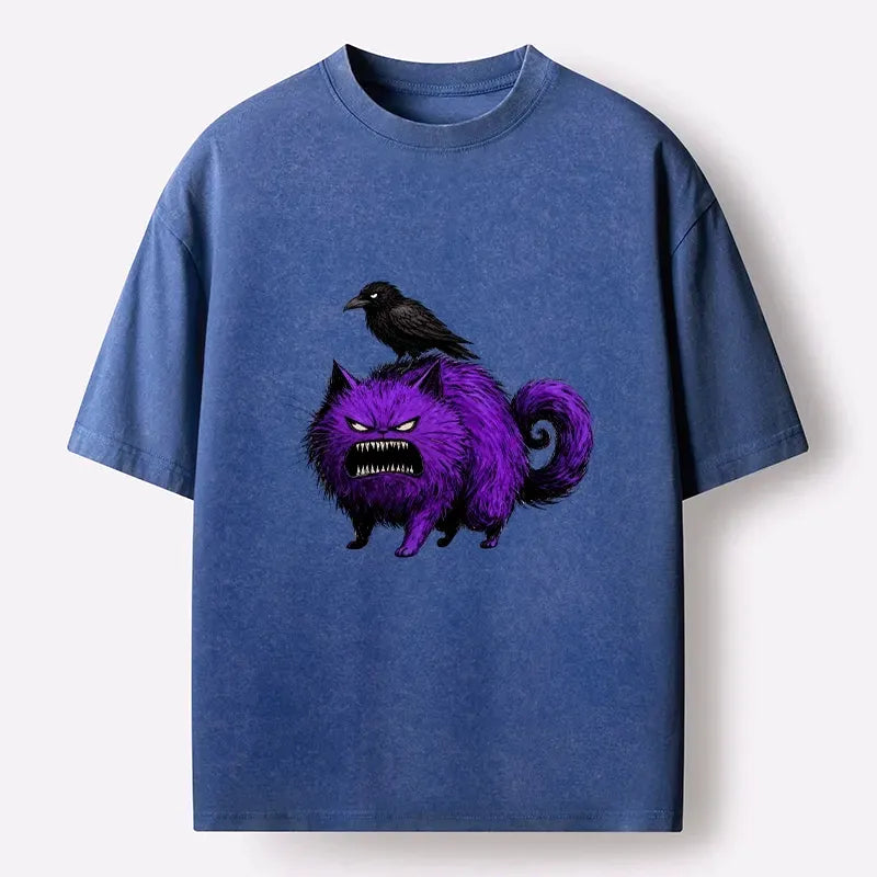 Kyoto-Lion Spooky Purple Cat Ready To Attack Washed T-Shirt
