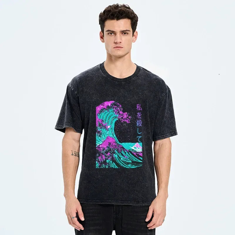 Kyoto-Lion Neon Great Wave Off Kanagawa Washed T-Shirt