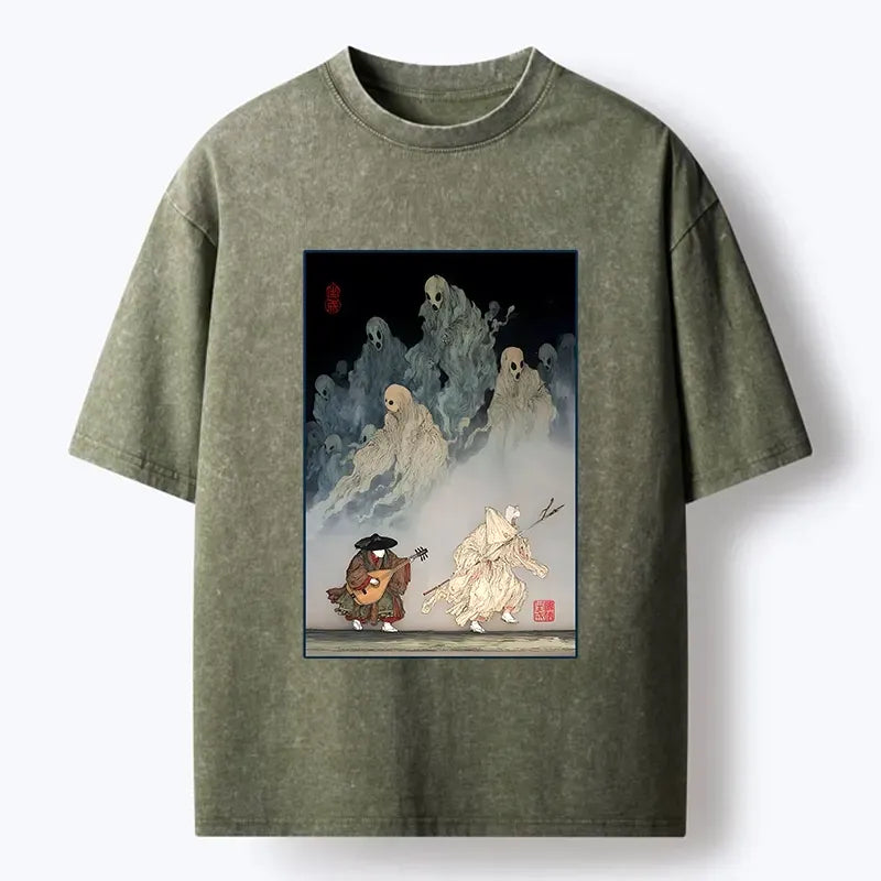 Kyoto-Lion Dark Japan Ghost Folk Art Graphic Washed T-Shirt
