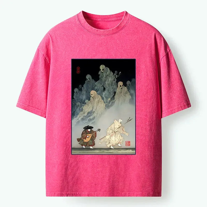 Kyoto-Lion Dark Japan Ghost Folk Art Graphic Washed T-Shirt
