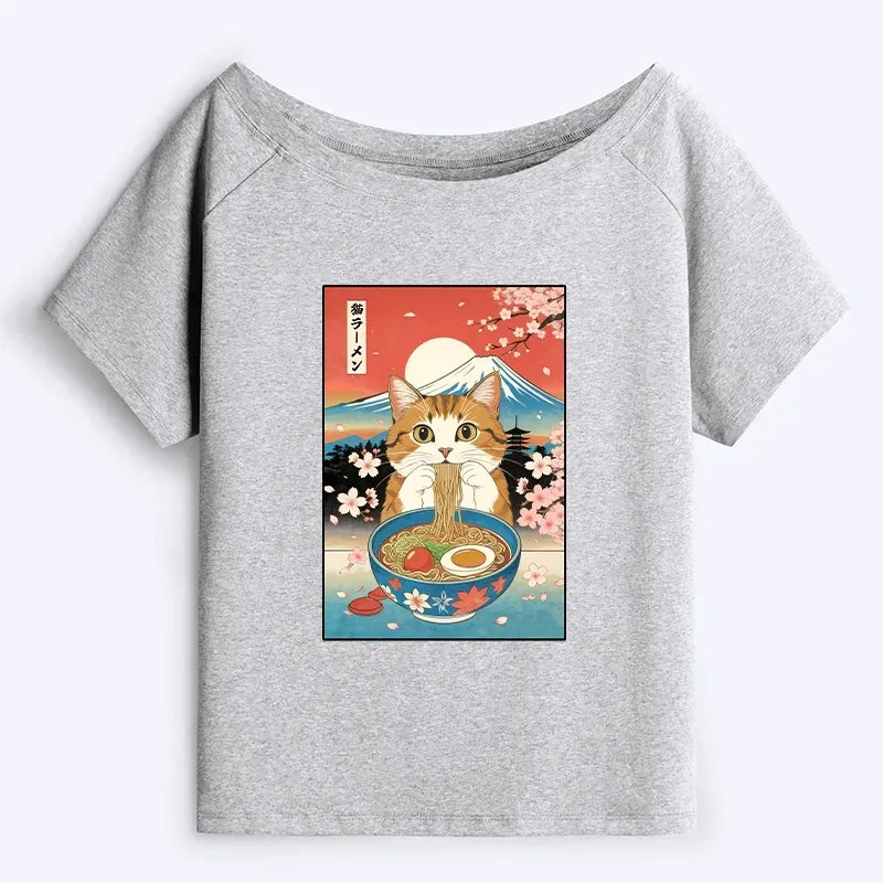Trending Japanese Cat Ramen Off Shoulder Shirt