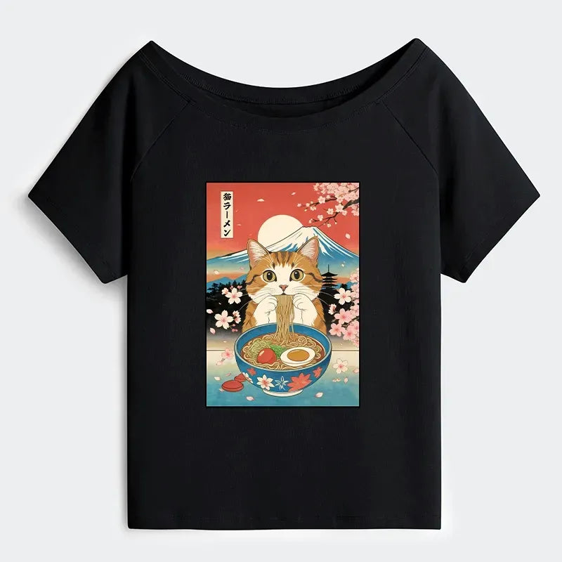 Trending Japanese Cat Ramen Off Shoulder Shirt