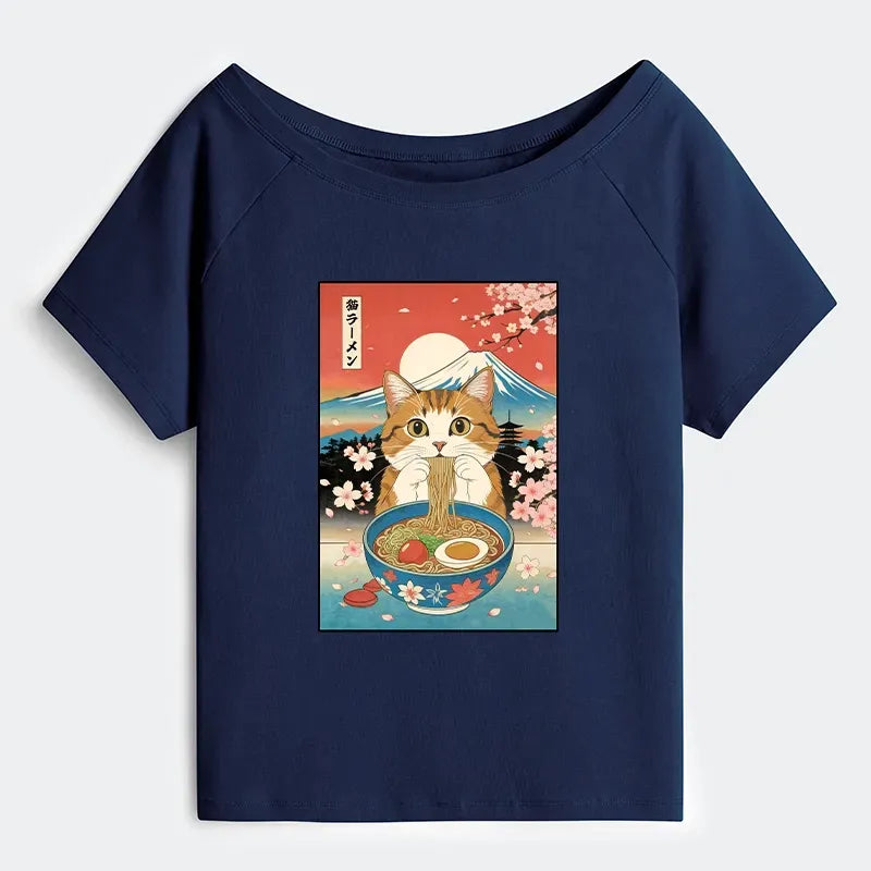 Funny Orange Cat Eating Ramen Japan T-Shirt
