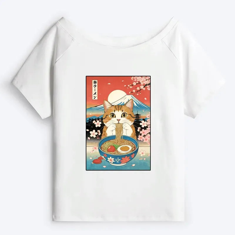Trending Japanese Cat Ramen Off Shoulder Shirt