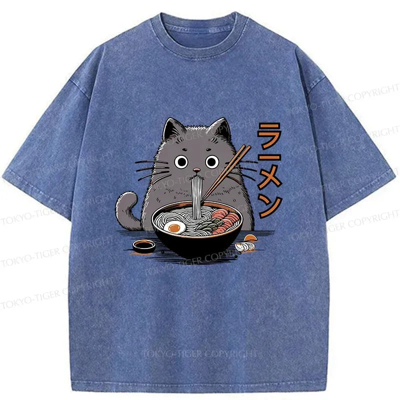 Kyoto-Lion Kawaii Cat Ramen Washed T-Shirt