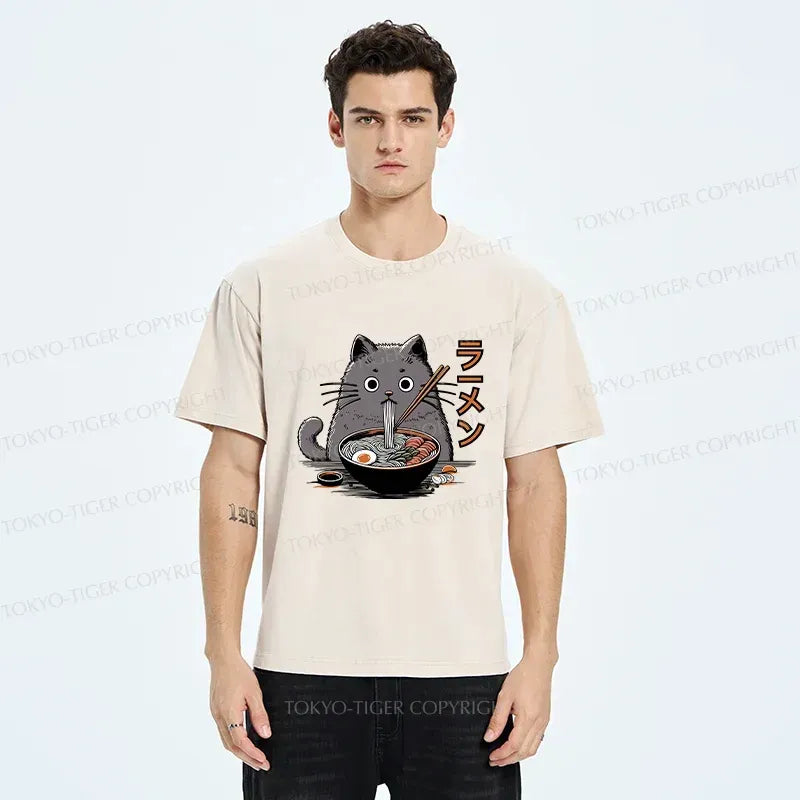Kyoto-Lion Kawaii Cat Ramen Washed T-Shirt