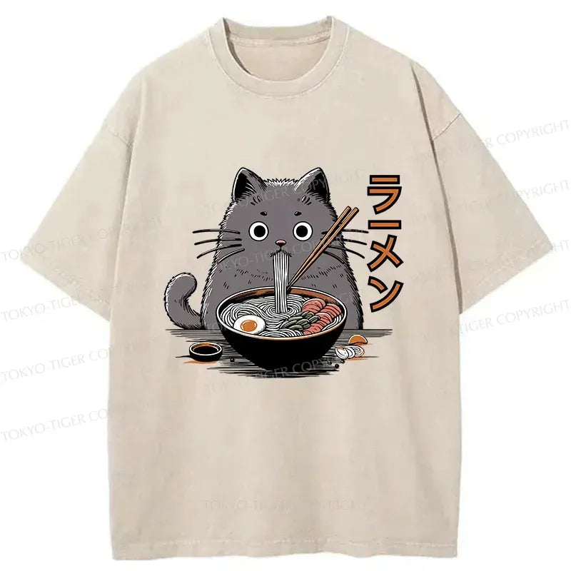 Kyoto-Lion Kawaii Cat Ramen Washed T-Shirt