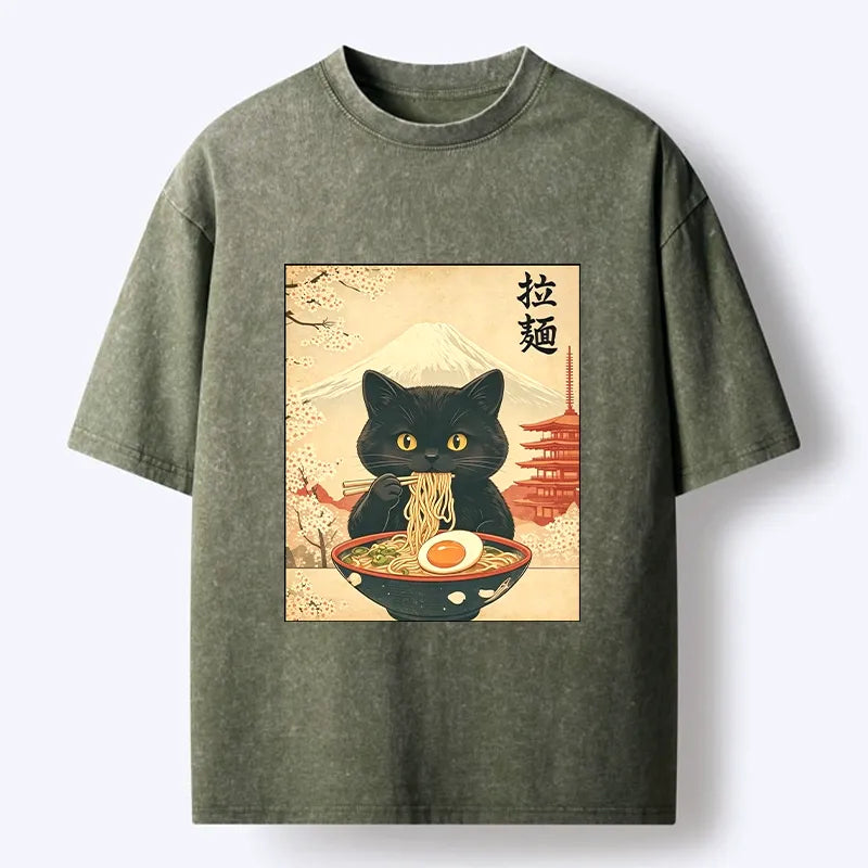 Kyoto-Lion Black Cute Cat Ramen Feast Washed T-Shirt