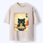 Kyoto-Lion Black Cute Cat Ramen Feast Washed T-Shirt