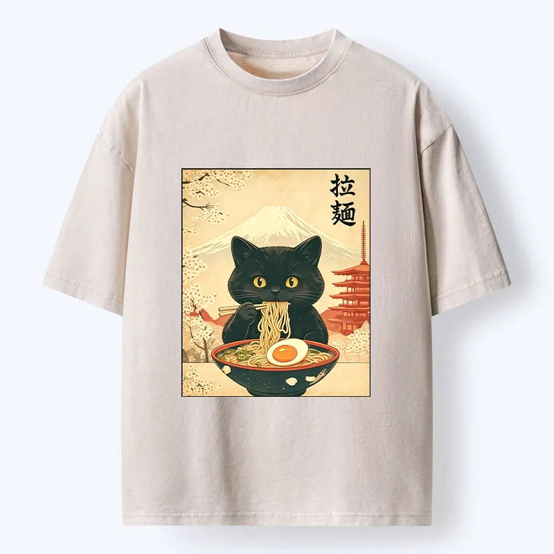 Kyoto-Lion Black Cute Cat Ramen Feast Washed T-Shirt