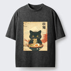 Kyoto-Lion Black Cute Cat Ramen Feast Washed T-Shirt