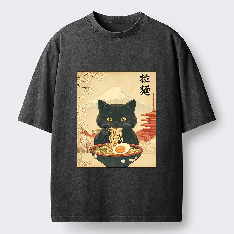 Kyoto-Lion Black Cute Cat Ramen Feast Washed T-Shirt